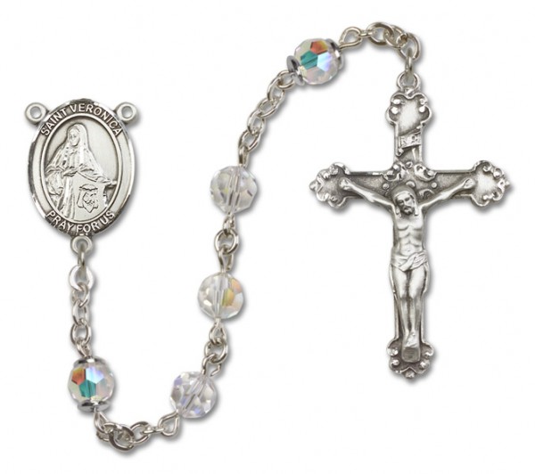 St. Veronica Sterling Silver Heirloom Rosary Fancy Crucifix - Crystal