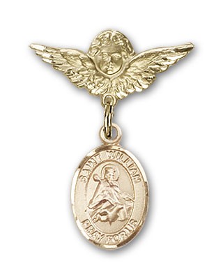 Pin Badge with St. William of Rochester Charm and Angel with Smaller Wings Badge Pin - Gold Tone
