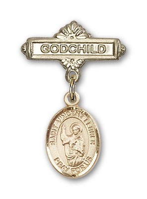 Pin Badge with St. Vincent Ferrer Charm and Godchild Badge Pin - 14K Solid Gold