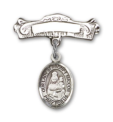 Pin Badge with Our Lady of Prompt Succor Charm and Arched Polished Engravable Badge Pin - Silver tone