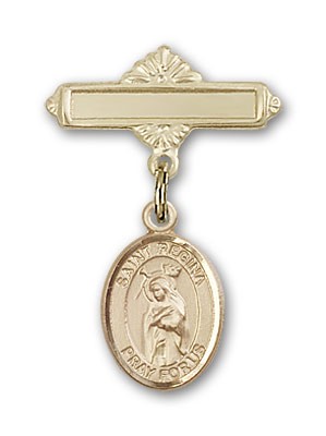 Pin Badge with St. Regina Charm and Polished Engravable Badge Pin - 14K Solid Gold