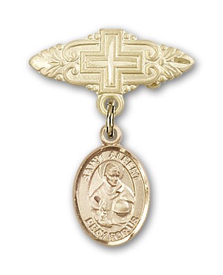 Pin Badge with St. Albert the Great Charm and Badge Pin with Cross - 14K Solid Gold