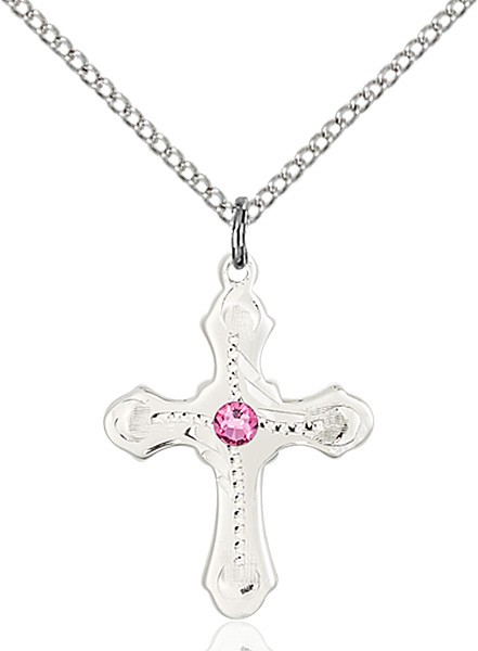 Youth Cross Pendant with Dotted Etching with Birthstone Options - Rose
