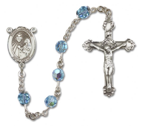 St. Margaret Mary Alacoque Sterling Silver Heirloom Rosary Fancy Crucifix - Aqua
