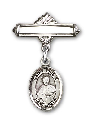Pin Badge with St. Pius X Charm and Polished Engravable Badge Pin - Silver tone