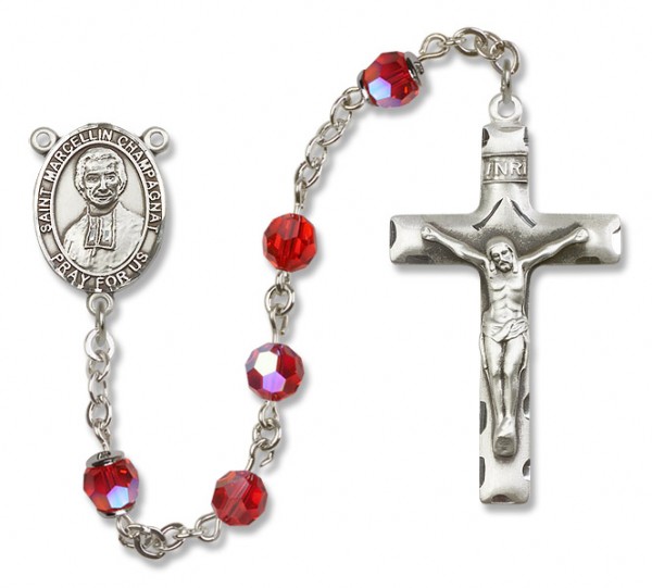 St. Marcellin Champagnat Sterling Silver Heirloom Rosary Squared Crucifix - Ruby Red