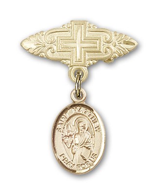 Pin Badge with St. Matthew the Apostle Charm and Badge Pin with Cross - 14K Solid Gold