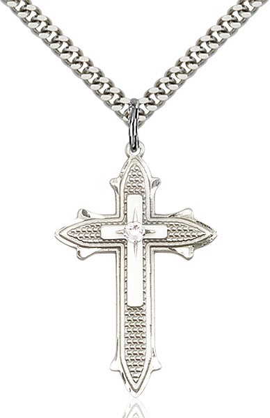 Large Women's Polished and Textured Cross Pendant with Birthstone Option - Crystal