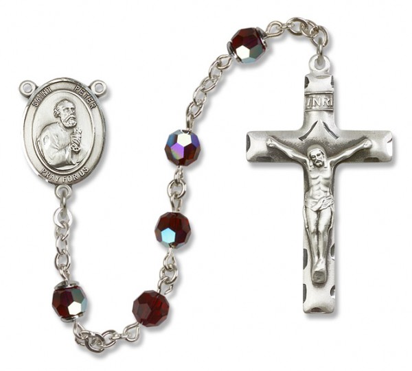 St. Peter the Apostle Sterling Silver Heirloom Rosary Squared Crucifix - Garnet