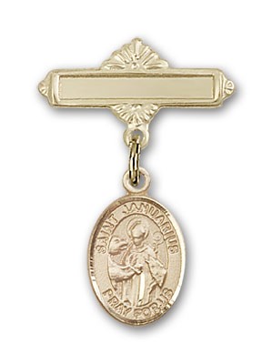 Pin Badge with St. Januarius Charm and Polished Engravable Badge Pin - 14K Solid Gold