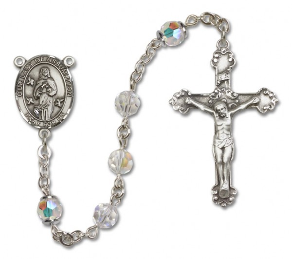 Our Lady of Assumption Sterling Silver Heirloom Rosary Fancy Crucifix - Crystal