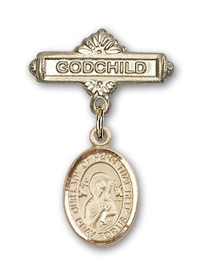 Baby Badge with Our Lady of Perpetual Help Charm and Godchild Badge Pin - Gold Tone