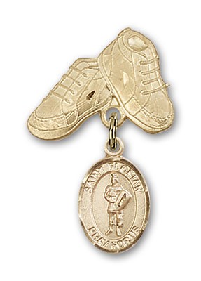 Pin Badge with St. Florian Charm and Baby Boots Pin - Gold Tone