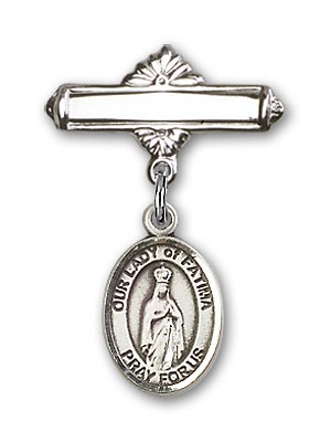Pin Badge with Our Lady of Fatima Charm and Polished Engravable Badge Pin - Silver tone