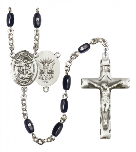 Men's St. Michael Navy Silver Plated Rosary - Black | Silver