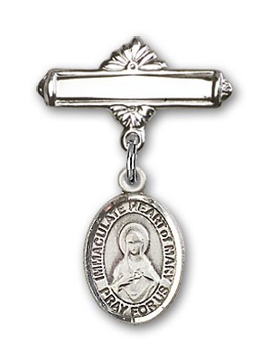 Pin Badge with Immaculate Heart of Mary Charm and Polished Engravable Badge Pin - Silver tone