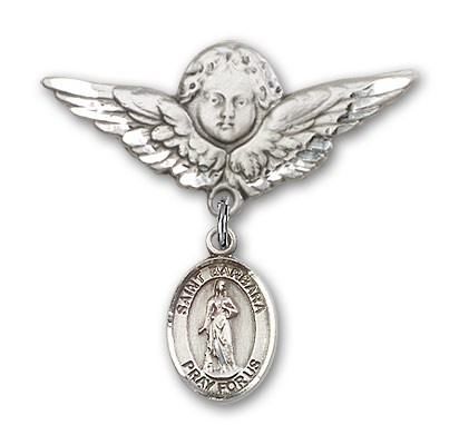 Pin Badge with St. Barbara Charm and Angel with Larger Wings Badge Pin - Silver tone