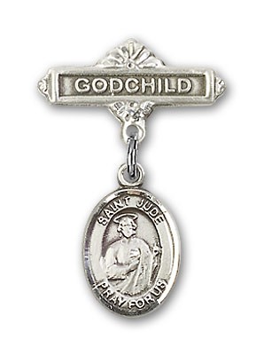 Pin Badge with St. Jude Thaddeus Charm and Godchild Badge Pin - Silver tone