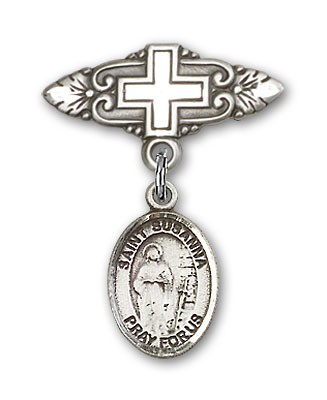 Pin Badge with St. Susanna Charm and Badge Pin with Cross - Silver tone