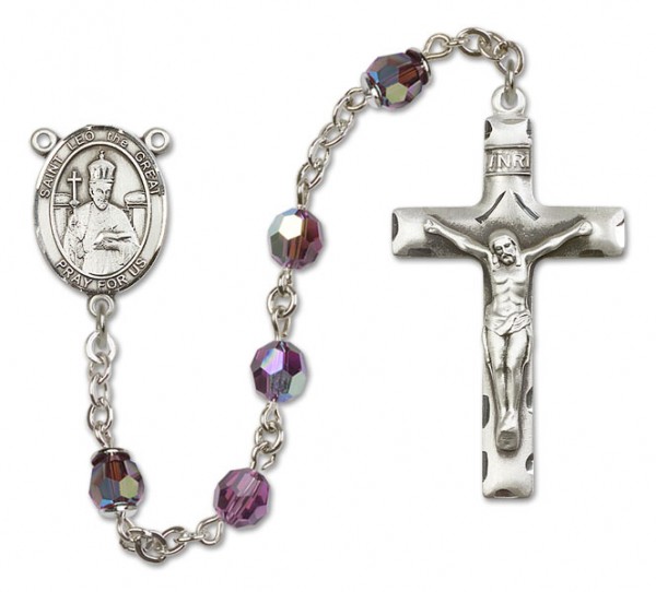 St. Leo the Great Sterling Silver Heirloom Rosary Squared Crucifix - Amethyst