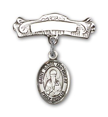Pin Badge with St. Basil the Great Charm and Arched Polished Engravable Badge Pin - Silver tone