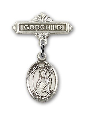 Pin Badge with St. Lucia of Syracuse Charm and Godchild Badge Pin - Silver tone