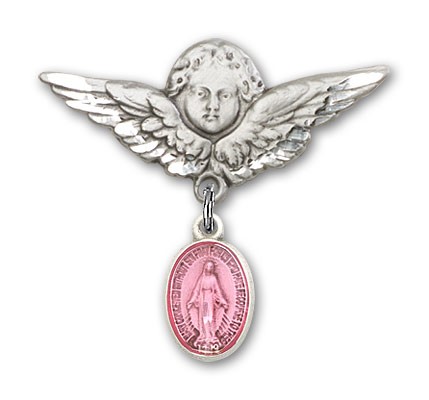 Baby Pin with Miraculous Charm and Angel with Larger Wings Badge Pin - Silver | Pink