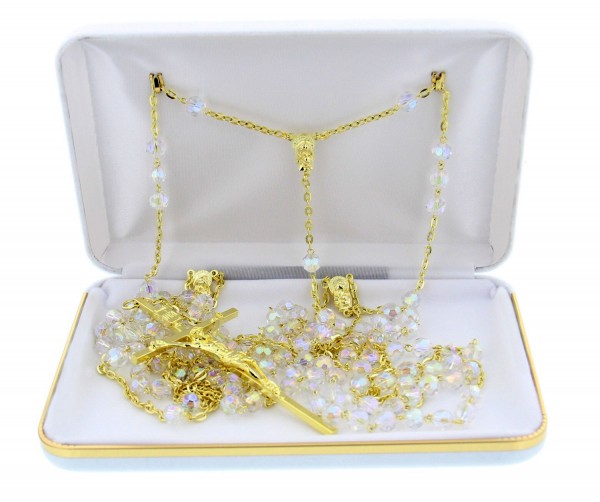 Gold tone Crystal Wedding Lasso Rosary with Gold Tone Crucifix - With Deluxe Box