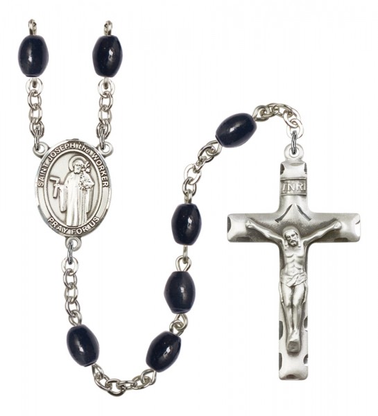 Men's St. Joseph the Worker Silver Plated Rosary - Black Oval