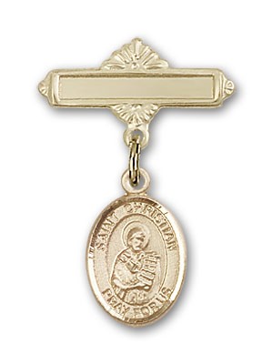 Pin Badge with St. Christian Demosthenes Charm and Polished Engravable Badge Pin - 14K Solid Gold