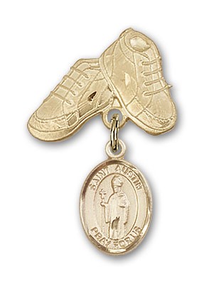 Pin Badge with St. Austin Charm and Baby Boots Pin - 14K Solid Gold