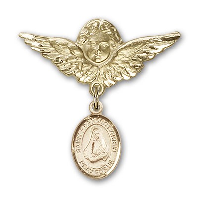 Pin Badge with St. Frances Cabrini Charm and Angel with Larger Wings Badge Pin - Gold Tone