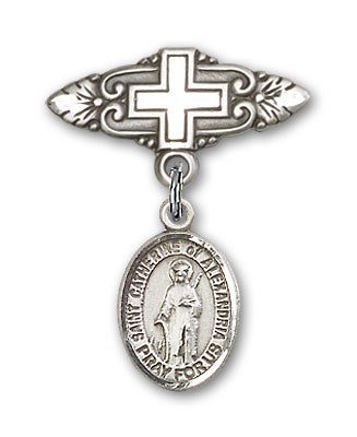 Pin Badge with St. Catherine of Alexandria Charm and Badge Pin with Cross - Silver tone