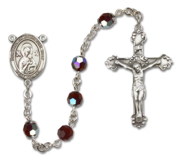Our Lady of Perpetual Help Sterling Silver Heirloom Rosary Fancy Crucifix - Garnet