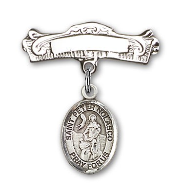 Pin Badge with St. Peter Nolasco Charm and Arched Polished Engravable Badge Pin - Silver tone