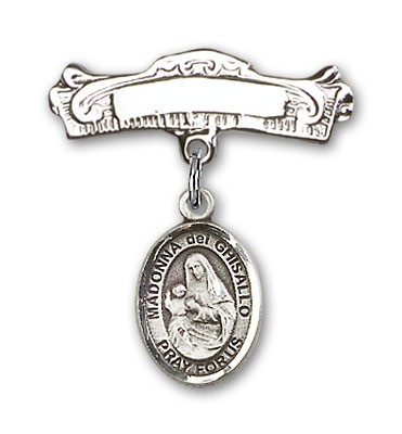Pin Badge with St. Madonna Del Ghisallo Charm and Arched Polished Engravable Badge Pin - Silver tone