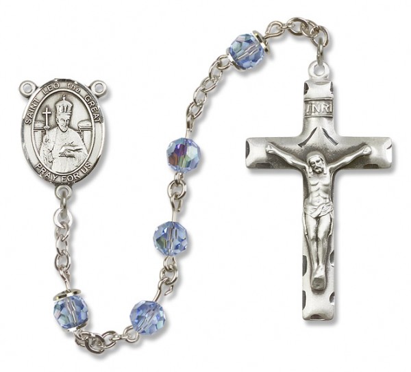 St. Leo the Great Sterling Silver Heirloom Rosary Squared Crucifix - Light Sapphire