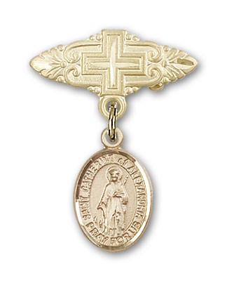 Pin Badge with St. Catherine of Alexandria Charm and Badge Pin with Cross - Gold Tone