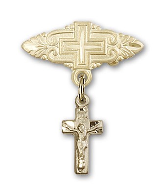 Pin Badge with Crucifix Charm and Badge Pin with Cross - 14K Solid Gold