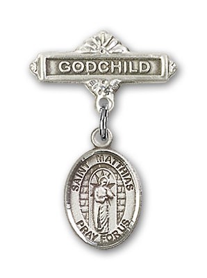 Pin Badge with St. Matthias the Apostle Charm and Godchild Badge Pin - Silver tone