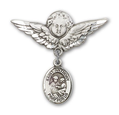 Pin Badge with St. Anthony of Padua Charm and Angel with Larger Wings Badge Pin - Silver tone