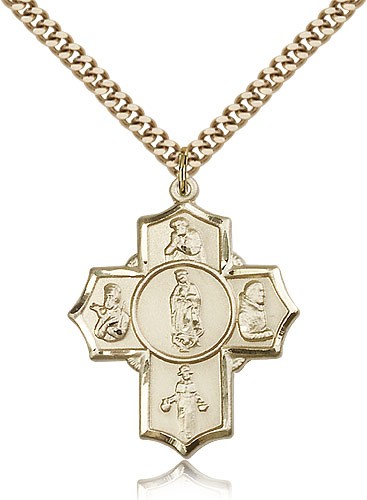 5-Way Hispanic Saint Cross Pendant - 14KT Gold Filled