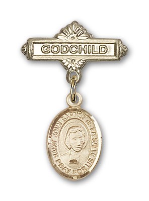Pin Badge with St. John Baptist de la Salle Charm and Godchild Badge Pin - 14K Solid Gold
