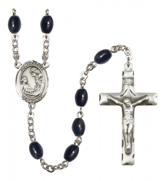 Men's St. Cecilia Silver Plated Rosary - Black Oval