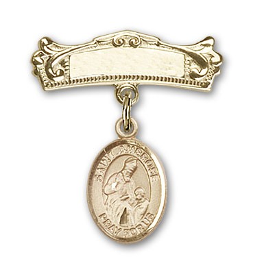 Pin Badge with St. Ambrose Charm and Arched Polished Engravable Badge Pin - 14K Solid Gold