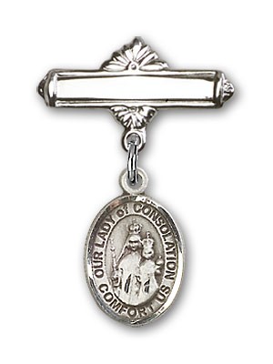 Pin Badge with Our Lady of Consolation Charm and Polished Engravable Badge Pin - Silver tone