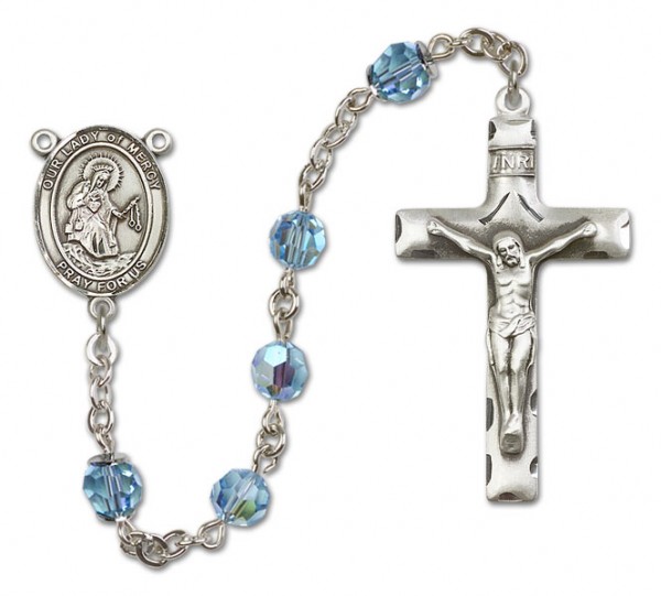 Our Lady of Mercy Sterling Silver Heirloom Rosary Squared Crucifix - Aqua