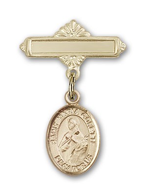 Pin Badge with St. Maria Goretti Charm and Polished Engravable Badge Pin - Gold Tone
