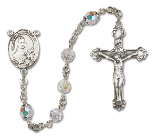 St. Therese of Lisieux Sterling Silver Heirloom Rosary Fancy Crucifix - Crystal