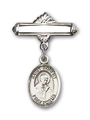 Pin Badge with St. Robert Bellarmine Charm and Polished Engravable Badge Pin - Silver tone